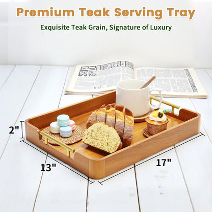 Fopeat Solid Teak Wood Serving Tray with Handles, 17"x13"x2" Rectangular Ottoman Tray for Living Room Kitchen Party, Rustic Decorative Tray for Home Coffee Table Breakfast Dinner Bar