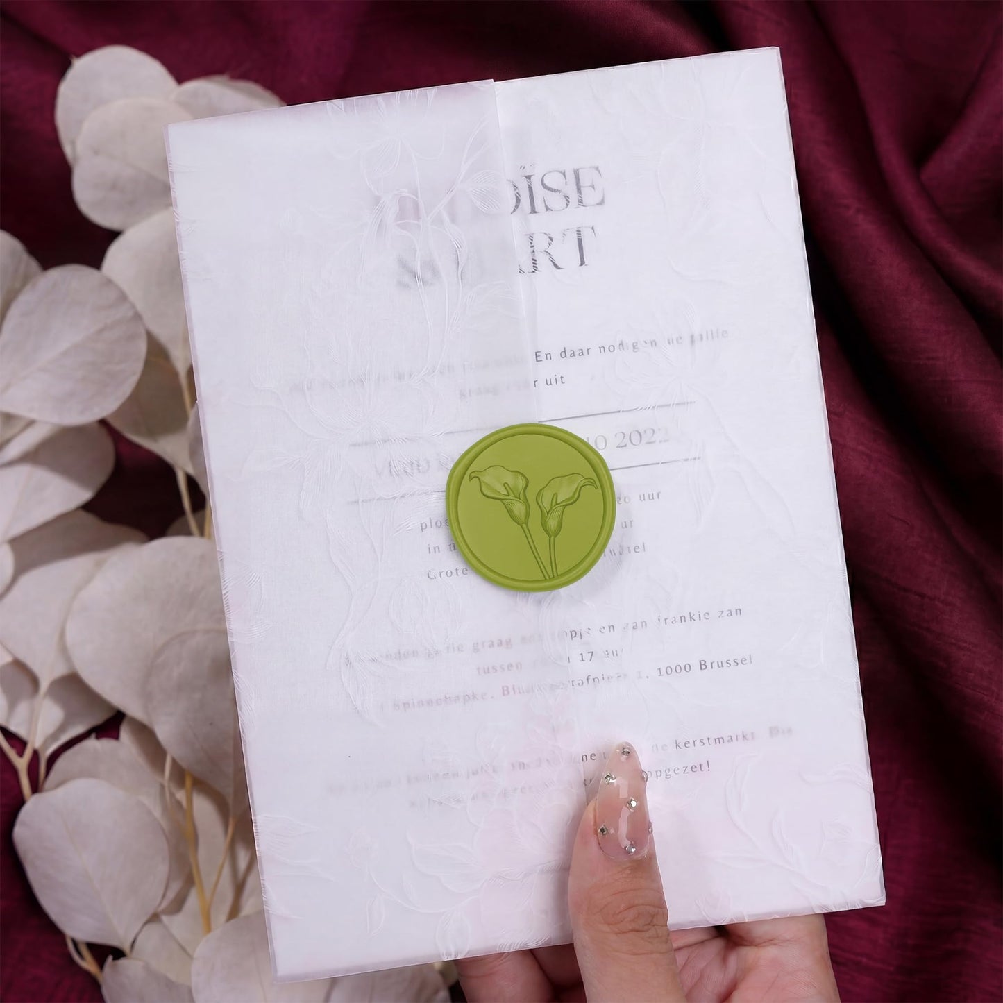 UNIQOOO Wax Seal Stickers - 3D Calla Lily Floral Wedding Invitation Envelope Seal Stickers, 50 Pcs Self- Adhesive Chartreuse Green Flower Wax Seals, Perfect for Bridal Shower, Gift Wrapping