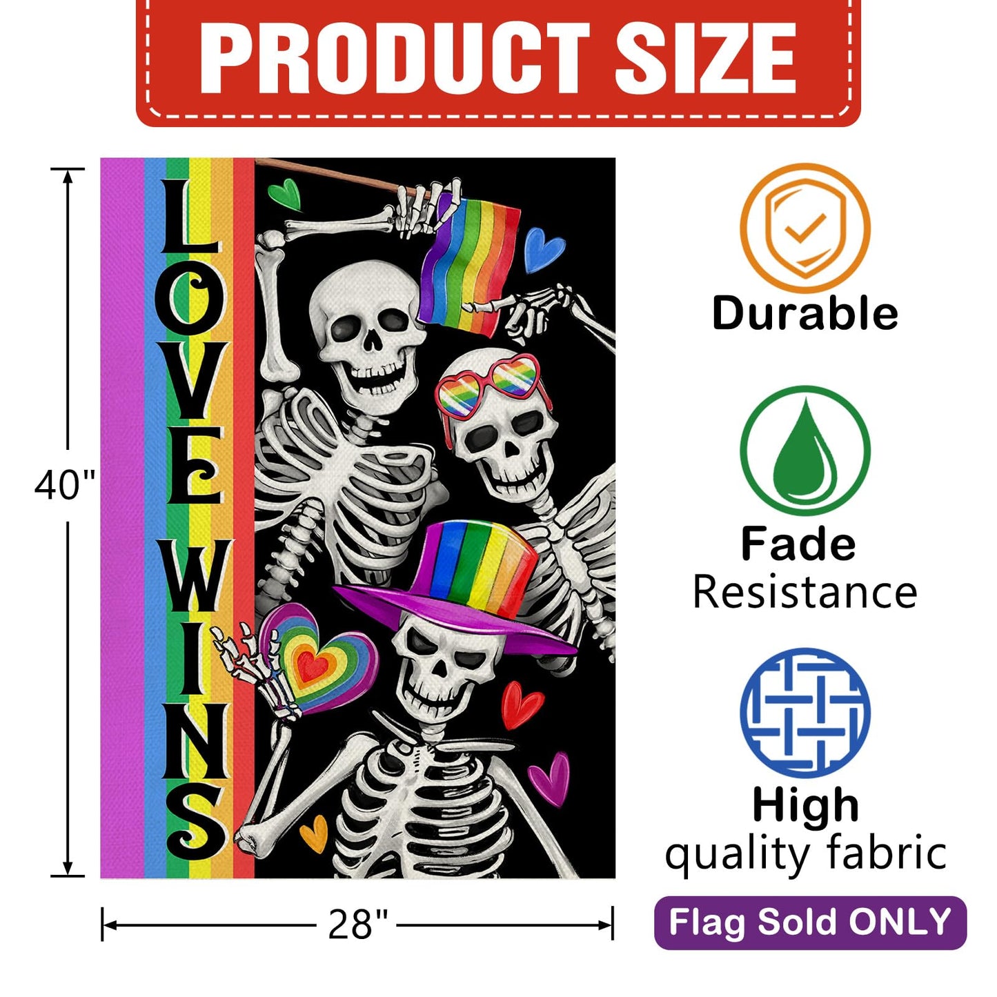 Dyrenson Pride Love Wins Rainbow Gothic Skeleton 28 x 40 House Flag Double Sided, Skull LGBTQ Gay Lesbian Garden Yard Decoration, LGBT Bisexual Pansexual Burlap Outdoor Decor Decorative Large Flag