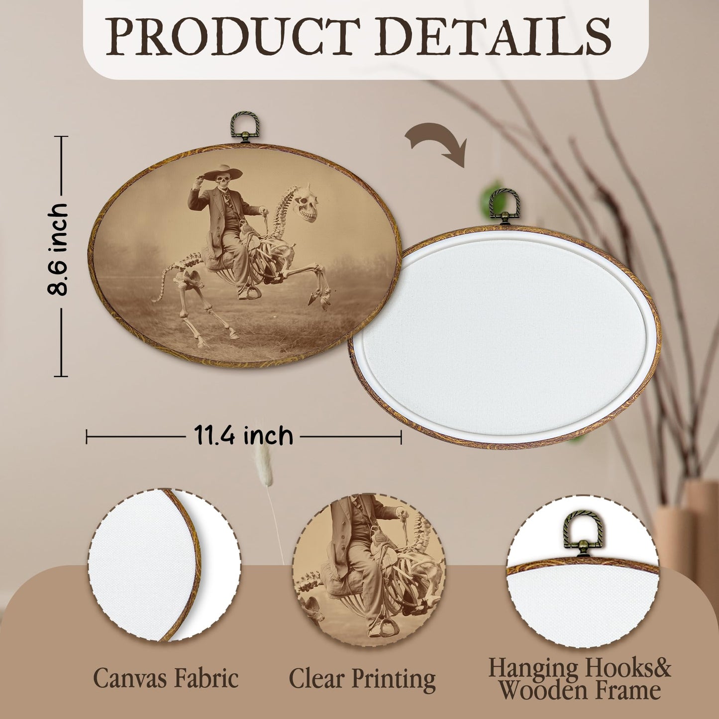 kdqua Funny Western Cowboy Skeleton Oval Wall Art Decor, Western Canvas Artwork Framed, Rustic Spooky Skeleton Skull Wall Hanging Decorations for Home Living Room Bedroom, 11.4x8.6 Inch
