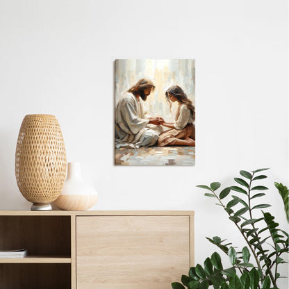 Palette Dreams Jesus And Girl Praying Painting Print Picture Wall Art ，Christian Paintings Religious Canvas Wall Decor Prayer Artwork for Living Room Bedroom Church Prayer Room Decor 12 x 16 Inch Framed