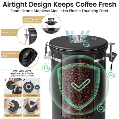 Veken Large Coffee Canister with Window, Kitchen Food Storage Airtight Stainless Steel Container for 2.2lbs Coffee Beans, Grounds, Rice,Tea, Flour, Cereal, Sugar Jars,Date Tracker and Scoop 39oz,Black