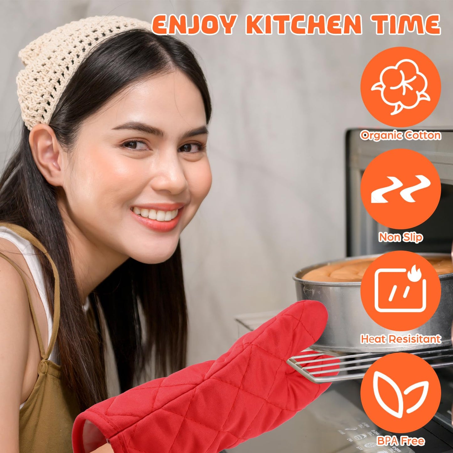 6 Pairs Heat Resistant Oven Mitts Kitchen Oven Gloves 11 Inch Long Quilted Cotton Polyester Kitchen Gloves for Cooking, Baking, Grilling BBQ (Red)