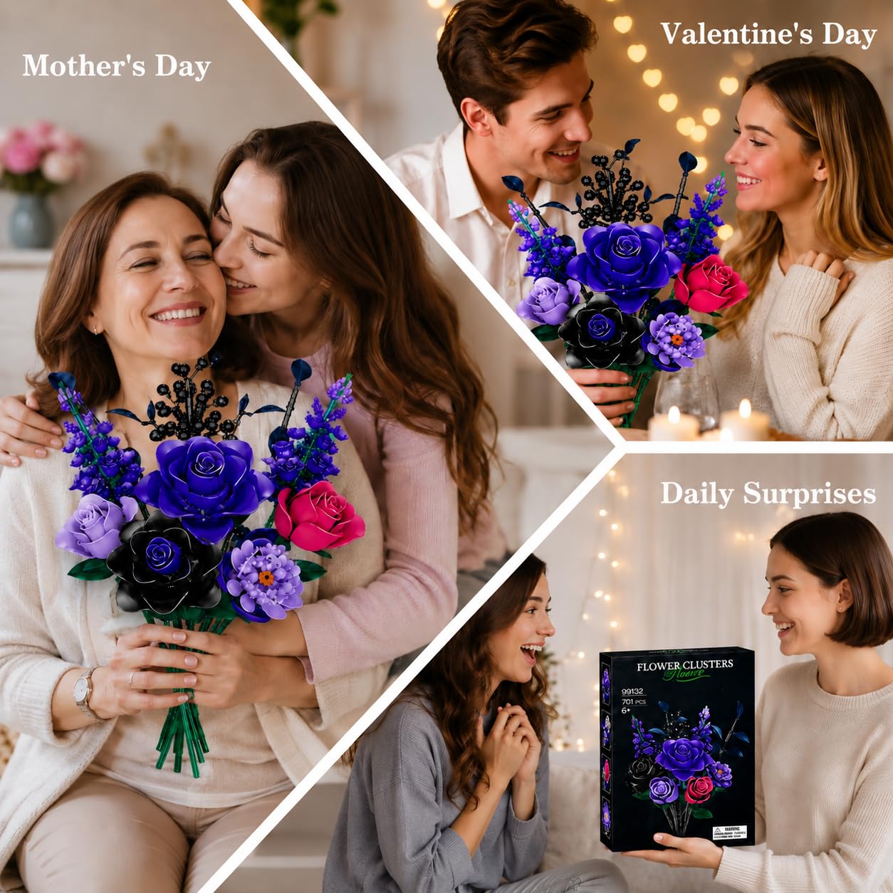 Flower Rose Bouquet Building Set, 701Pcs Gothic Purple Rose Building Kit, Artificial Floral Home Decor for Women Teens Adults, Mother's Day Birthdays Helloween Decor Gifts