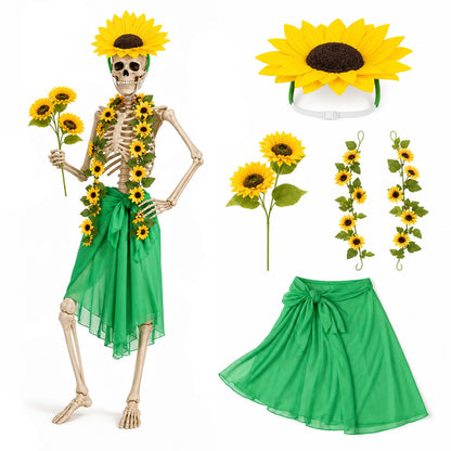 Yi-gog 5Pcs 12 Ft Skeleton Costume Set Halloween Skeletons Outfit Sunflower Headband Sunflower Vine Garlands Green Wrap Skirt Halloween Accessories