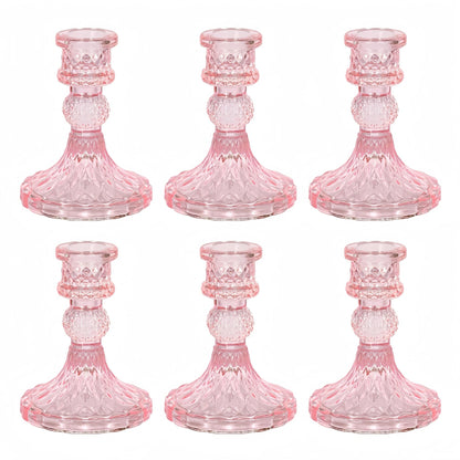 ECHFSM Glass Candlestick Holder,Striped Taper Candle Holders,Set of 6 Candle Stand for Table Centerpieces, Home Decor,Weddings,Festival and Parties (Pink Dimond)