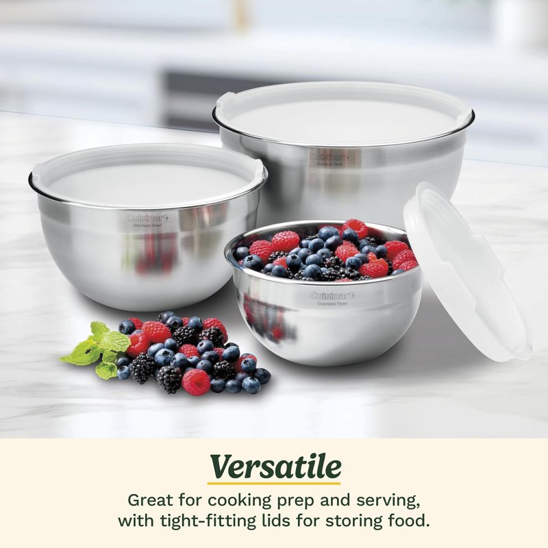 Cuisinart Mixing Bowl Set, Stainless Steel, 3‑Piece Nesting Bowls for Baking, Cooking & Food Prep, CTG-00-SMB