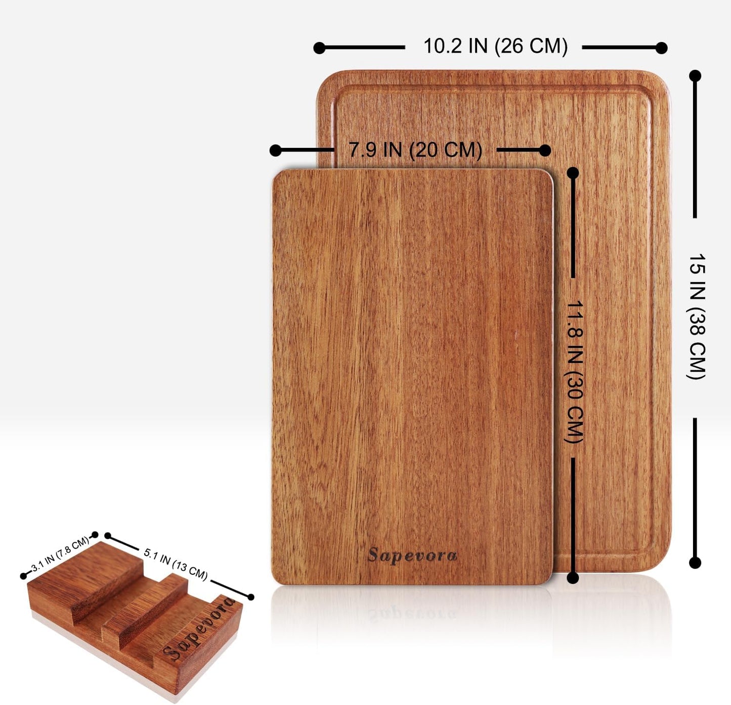 Sapevora Set 15x10.2&11.8X7.9 Solid Teak Wood Cutting Board One Piece Non Glued Large Thick Crack Resistant Wooden