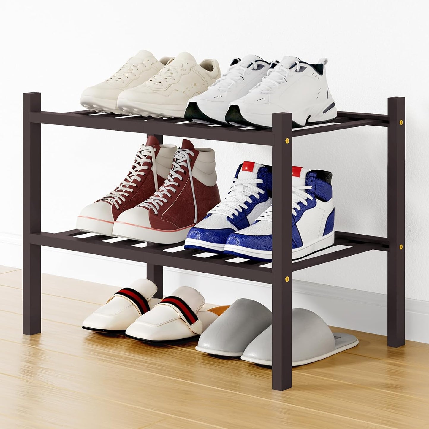 2 Closet, Smiry Shoe Rack, Tier Small Bamboo Shoe Organizer, Stackable Free Standing Wooden Shoe Storage Shelf