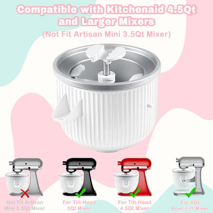 4.5-5Qt 5-6Qt 2-Quart Frozen GLINK Ice Cream Maker Attachment for KitchenAid Stand Mixer, Compatible with Kitchenaid