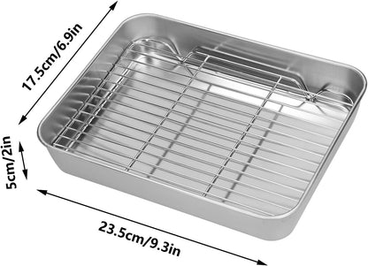 Stainless Steel Roasting Pan with Rack, Non Stick Surface, 5cm Deep Edges for Cooking and Baking (23.5 * 17.5 * 5CM)