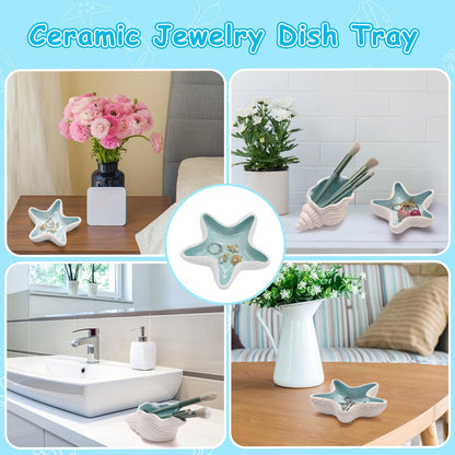 Jewelry Dish Tray For Coastal Beach Room Decor,Cute Ceramic Ring Holder Gift For Women Sister Mom Friend ,Decorative Trinket Jewelry Organizer Tray For Rings Earrings Necklaces ets (Blue starfish)