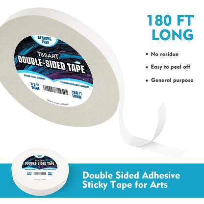 TSSART Ultra-Thin Permanent Double-Sided Tape - Double Sided Adhesive Sticky Tape for Arts, Crafts, Photography, Scrapbooking, Tear-by-Hand, Paper Backing - Acid Free 1/2Inch Wide 180FT Long