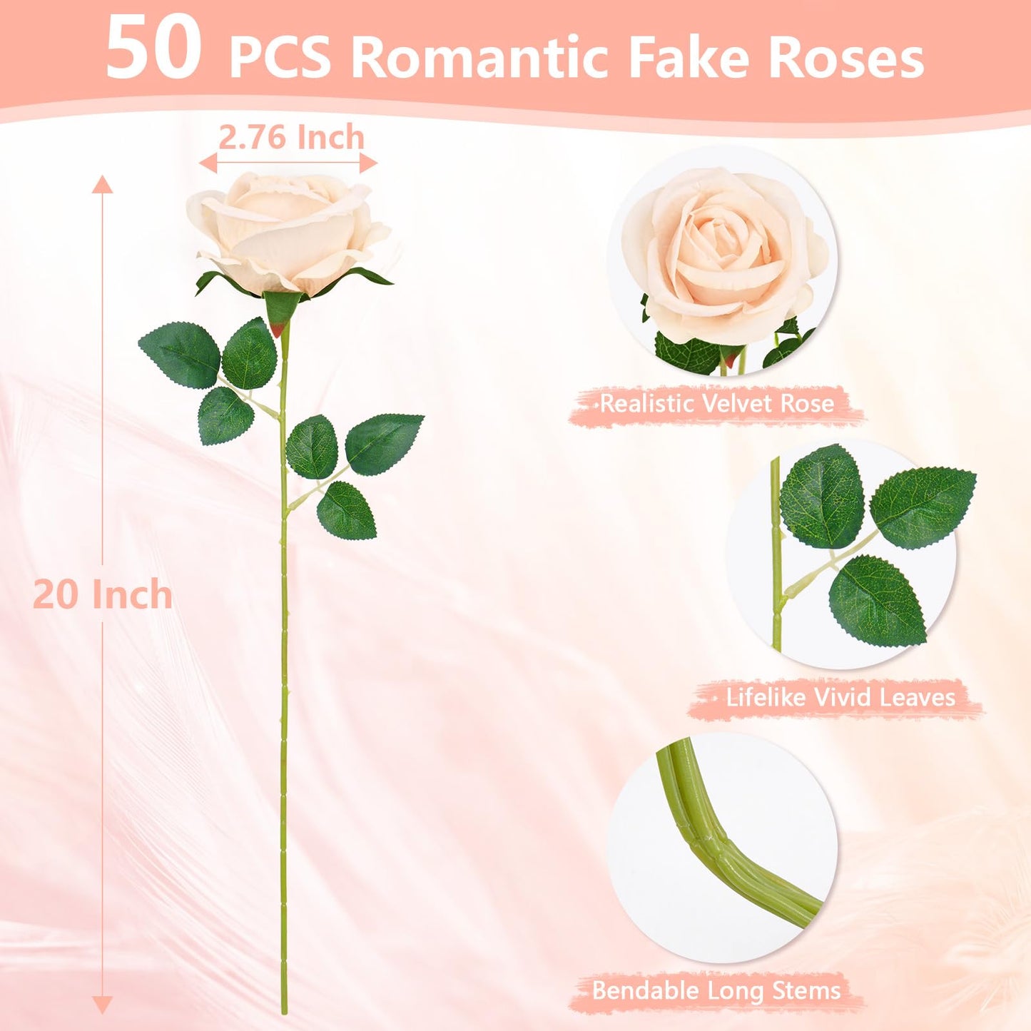 50 Pcs Champagne Roses Artificial Flowers, Real Touch Velvet Roses Bouquet Fake Flowers Bulk, Artificial Roses with Long Stems for Birthday Gift Women Mom DIY Bridal Wedding Centerpiece Decorations