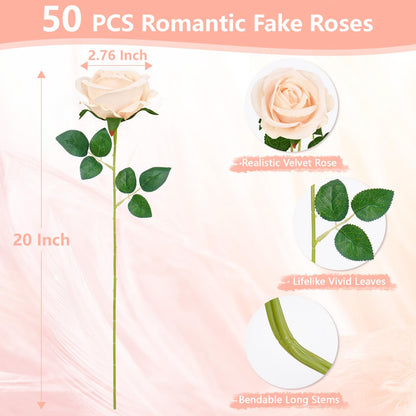 50 Pcs Champagne Roses Artificial Flowers, Real Touch Velvet Roses Bouquet Fake Flowers Bulk, Artificial Roses with Long Stems for Birthday Gift Women Mom DIY Bridal Wedding Centerpiece Decorations