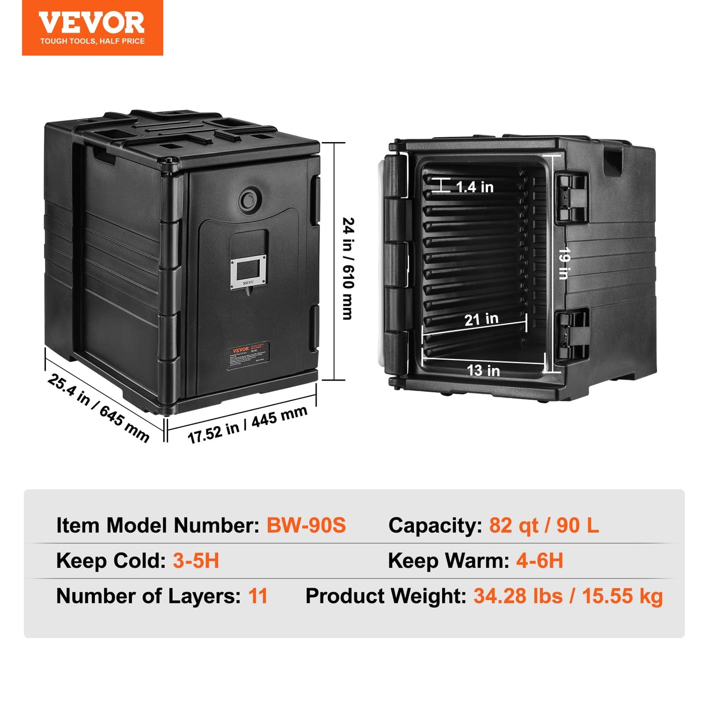 VEVOR Insulated Food Pan Carrier, 95 Qt Hot Box for Catering, LLDPE Food Box Carrier w/Double Buckles, Front Loading Food Warmer w/Handles, Stackable End Loader for Restaurant, Canteen, etc. Black