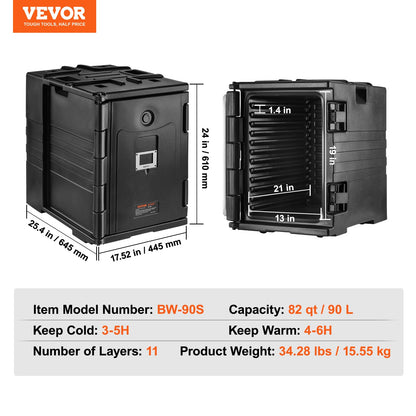 VEVOR Insulated Food Pan Carrier, 95 Qt Hot Box for Catering, LLDPE Food Box Carrier w/Double Buckles, Front Loading Food Warmer w/Handles, Stackable End Loader for Restaurant, Canteen, etc. Black