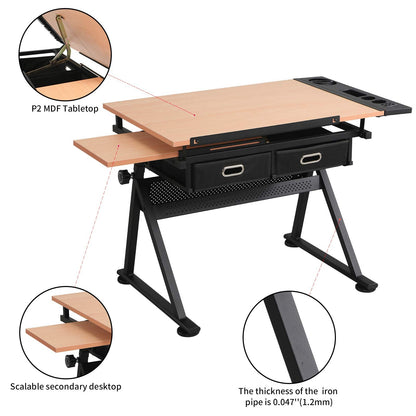 Waful Height Adjustable Drafting Draft Drawing Art Table Desk Tiltable Tabletop Art Craft Paintings Work Station Artist Table for w/ 2 Storage Drawer for Reading, Writing Art Craft Work Station