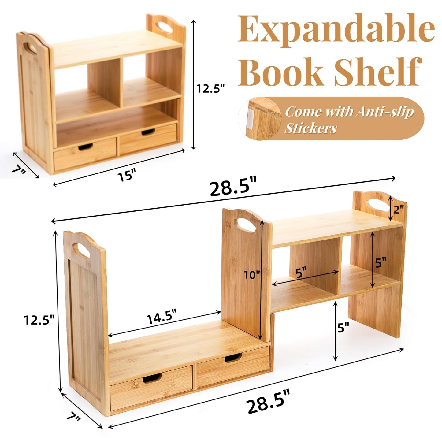 Eorbow Bamboo Desktop Bookshelf, Expandable Counter Bookcase, Storage Shelves Rack Organizer with Anti-Slip Pads, Cute Small Desk Display Cubby Top for Office Supplies, No Assembly Needed