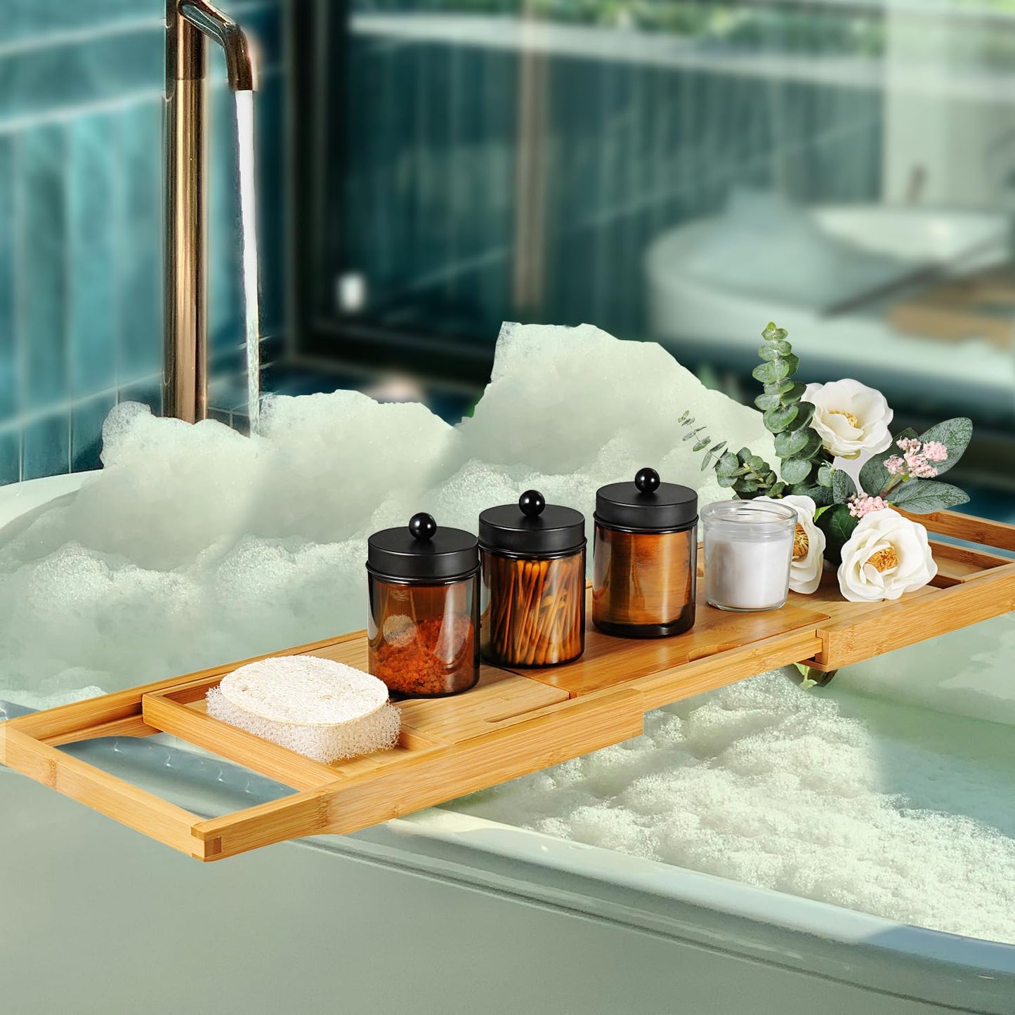 Amolliar Amber Glass Qtip Holder, Apothecary Jars with Matte Black Metal Lid & Stickers-Bathroom Qtip Dispenser Storage Organizer Set,Vanity Counter Canister for Cotton Swabs,Round Pads,Floss (6 Pack)