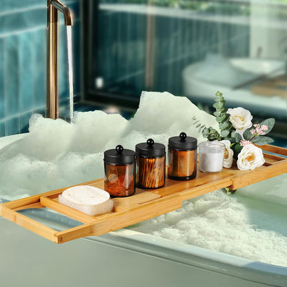 Amolliar Amber Glass Qtip Holder, Apothecary Jars with Matte Black Metal Lid & Stickers-Bathroom Qtip Dispenser Storage Organizer Set,Vanity Counter Canister for Cotton Swabs,Round Pads,Floss (6 Pack)