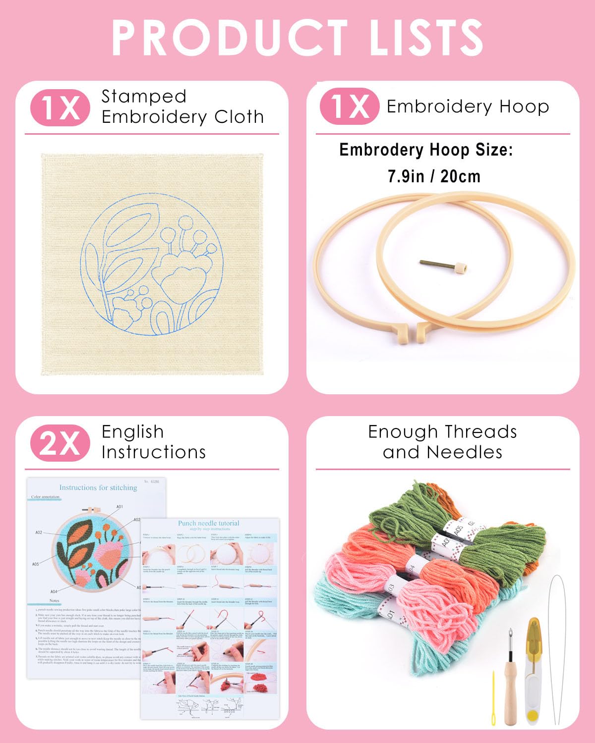 TINDTOP Punch Needle Kits, Tulip Punch Embroidery Kits for Adults Beginner, Tool with Punch Needle Fabric, Hoops, Yarns and Sewing Needles