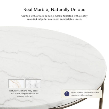 24/7 Shop at Home Aureum Modern 35-inch Round Marble Top Coffee Table with X-Brace, Hammered Dark Bronze Metal Frame for Living Room, Office, White
