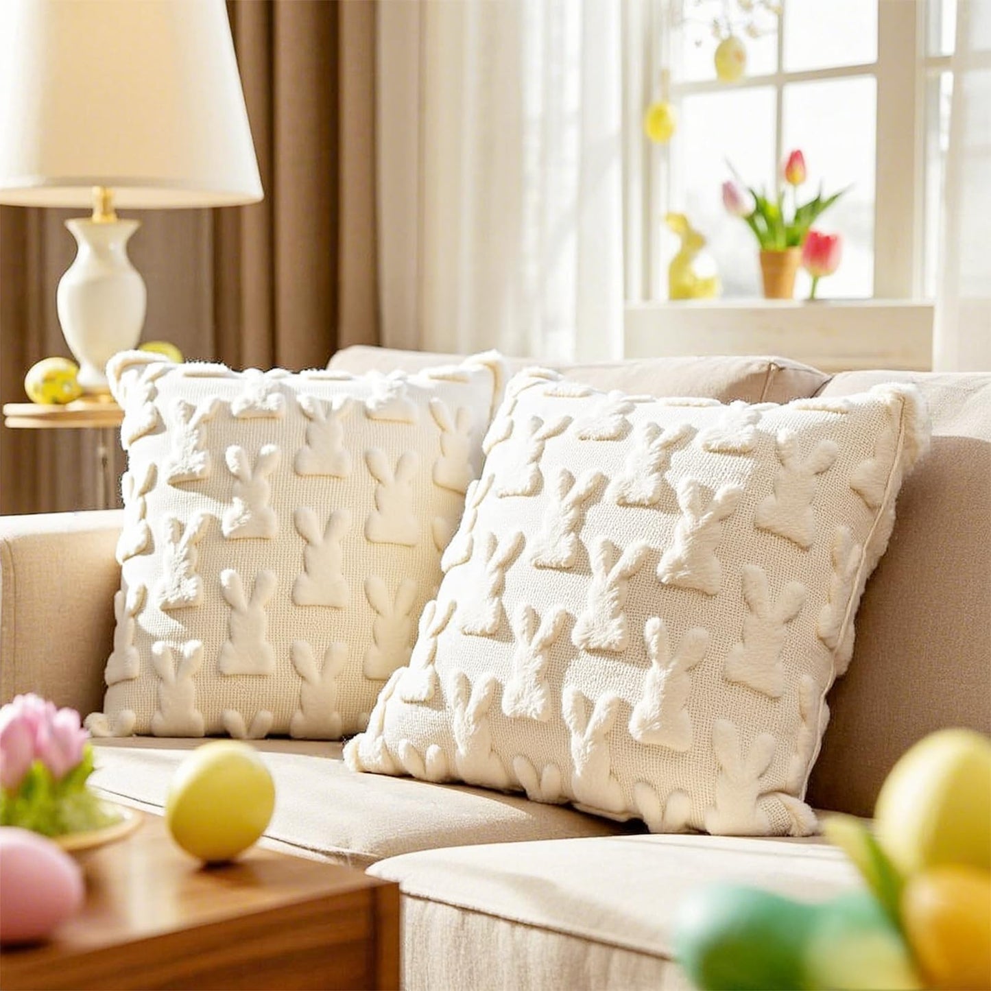 AONSOULE Easter Pillow Covers 18x18, 2Pcs Soft Beige Bunny Pillow Covers with Hidden Zipper, Easter Home Decorations Cute Spring Home Decors for Sofa Bedroom