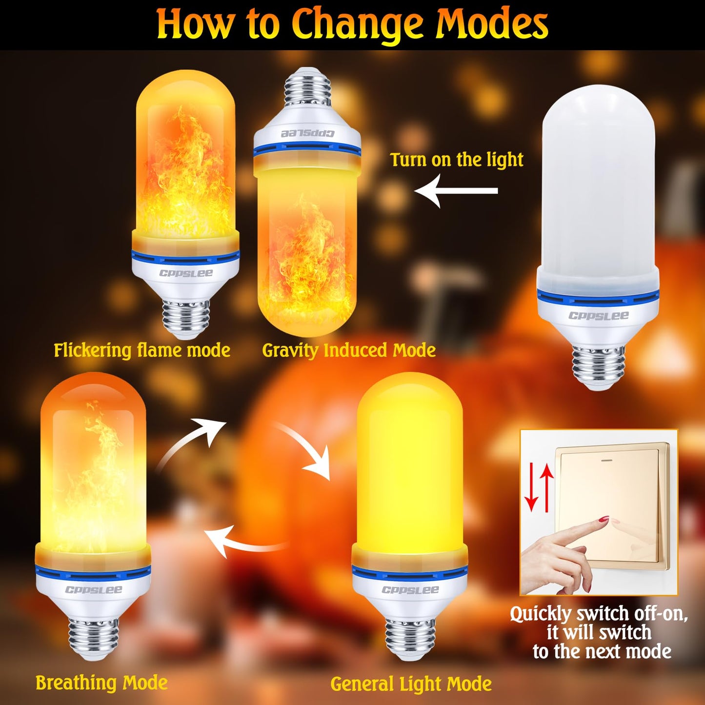 CPPSLEE Upgraded LED Flame Light Bulbs, 4 Modes Flickering Light Bulbs, E26 Base Fire Flame Bulb for Halloween Decorations Outdoor, Christmas Lights Patio Indoor Home Decor (Yellow, 2 Pack)