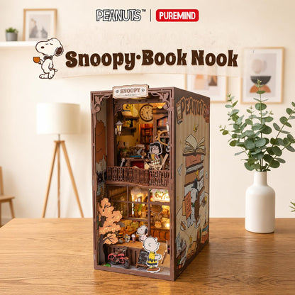 puremind Snoopy Peanuts Book Nook Kit, 9.3" 3D Wooden Puzzle DIY Miniature Kit with LED Lights, Book Cafe Bookshelf Insert Diorama Gift for Adults and Snoopy Fans