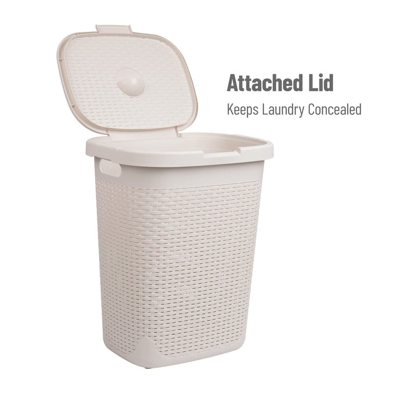 Mind Reader 50L Slim Laundry Hamper, Set of 2, Clothes Basket, Lid, Wicker Design, Plastic, 17.65"L x 13.75"W x 21"H, Ivory