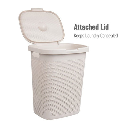 Mind Reader 50L Slim Laundry Hamper, Set of 2, Clothes Basket, Lid, Wicker Design, Plastic, 17.65"L x 13.75"W x 21"H, Ivory