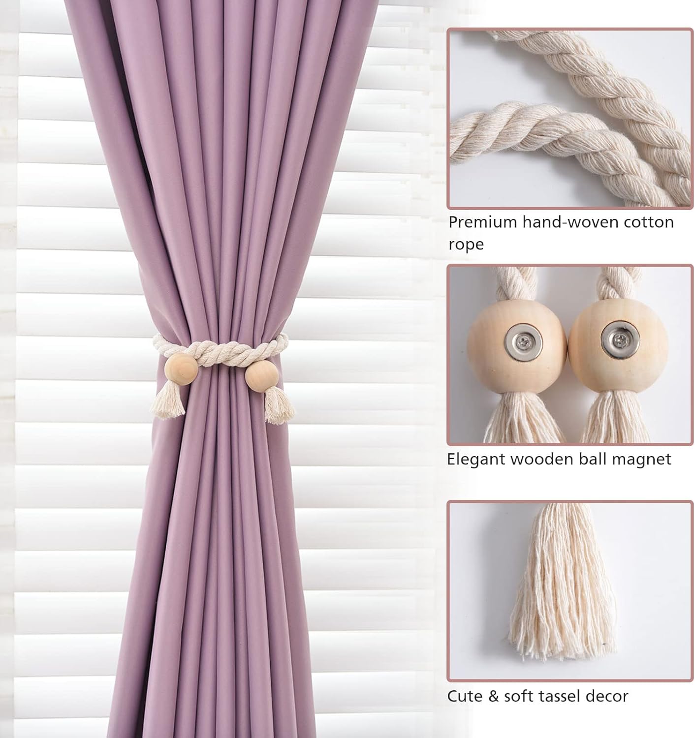 2 Pack NICEEC Wooden Ball Magnetic Curtain Tiebacks Boho Home Decor Drape Tie Backs Natural Cotton Hand Woven Rope