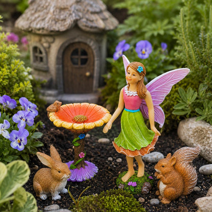 Mood Lab Fairy Garden Figurines with Flower - Miniature Decor Set (4 pcs) - Statues & Accessories - Outdoor Indoor Garden Decor