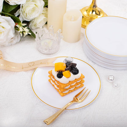 Festiva 200Pcs Gold Dessert Plates 6.3" with Forks 5"- Small Disposable Dessert/Appetize/Cake Plates Plates- serve 100 guests include 100Plates 100Forks for Wedding &Birthday Party & Outdoor