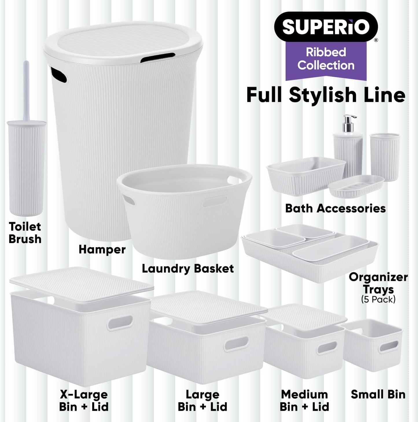 Ribbed Collection Decorative Plastic Storage Bins - Small White Smoke Organizer (4 Pack) for Closet & Drawer