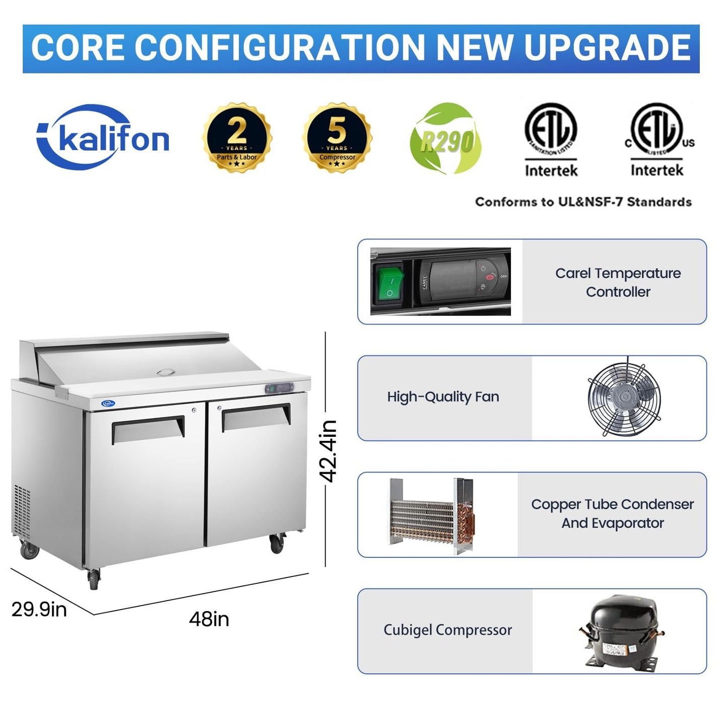 kalifon 48" W 2 Door Refrigerator Sandwich Salad Prep Table Commercial Stainless Steel Fan Cooling Refrigerator with Cutting Board, 2 Shelves & 18 Pans for Restaurant, Bar, Shop-12.9 Cu.ft