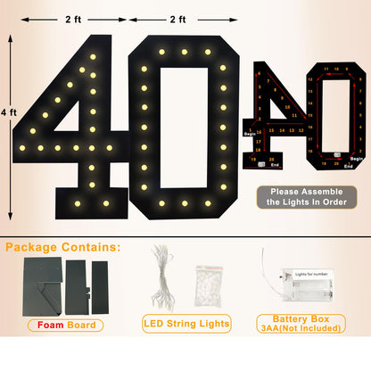 4FT Marquee Light Up Numbers, Black Giant Marquee Number Big Mosaic Number for 40th Birthday Party Decorations Backdrop 40 Anniversary Decor, Pre-Cut Frame Large Number 40