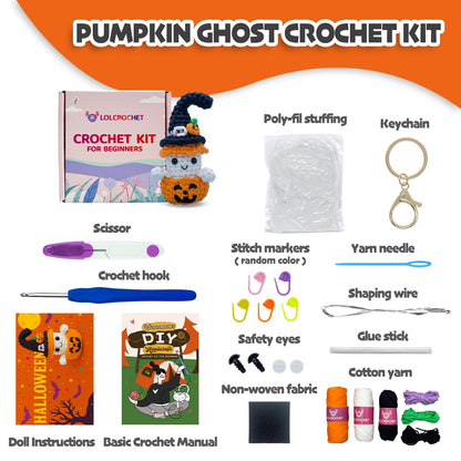 Halloween Pumpkin Ghost Crochet Kit for Beginners, Learn to Crochet Starter Set with Video Tutorial & Crocheting Manual, Easy Yarn Knitting Project for Adult & Kid 12+, DIY Stuffed Doll Gift Idea