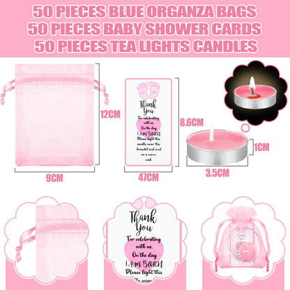 MTLEE 50 Sets Baby Shower Favors Tea Light Candles for Guests Cute Baby Shower Decorations with 50 Cards and 50 Organza Bags and 50 Silicone Bracelets for Boys Girls Gender Reveal (Pink,Cute)