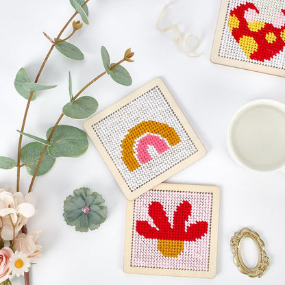 INFUNLY 6 Set Boho Coaster Needlepoint Kit 3.9x3.9 Wooden Rainbow Art Work Embroidery Kit Embroidery Needle Coasters Crafts Adult Mug Rug Making Kit for Beginners Mushroom Mug Rug Making Kit
