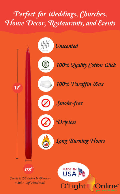 D'light Online Elegant Unscented 12" Red Taper Candles Premium Quality Hand-Dipped Tapered Candles, Dripless and Smokeless - Set of 12 Individually Wrapped (12 Inch, Red)