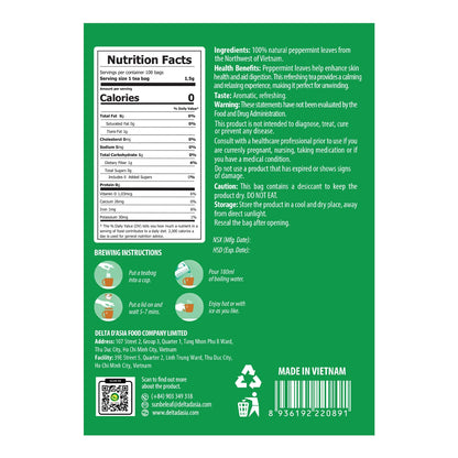 SUNBELEAF Peppermint Tea – 60 Tea Bags, Pure Mint Leaves from Vietnam, Caffeine-Free Herbal Infusion, Resealable Zip Pouch, Refreshing Gentle Flavor, Ideal for Daily Enjoyment