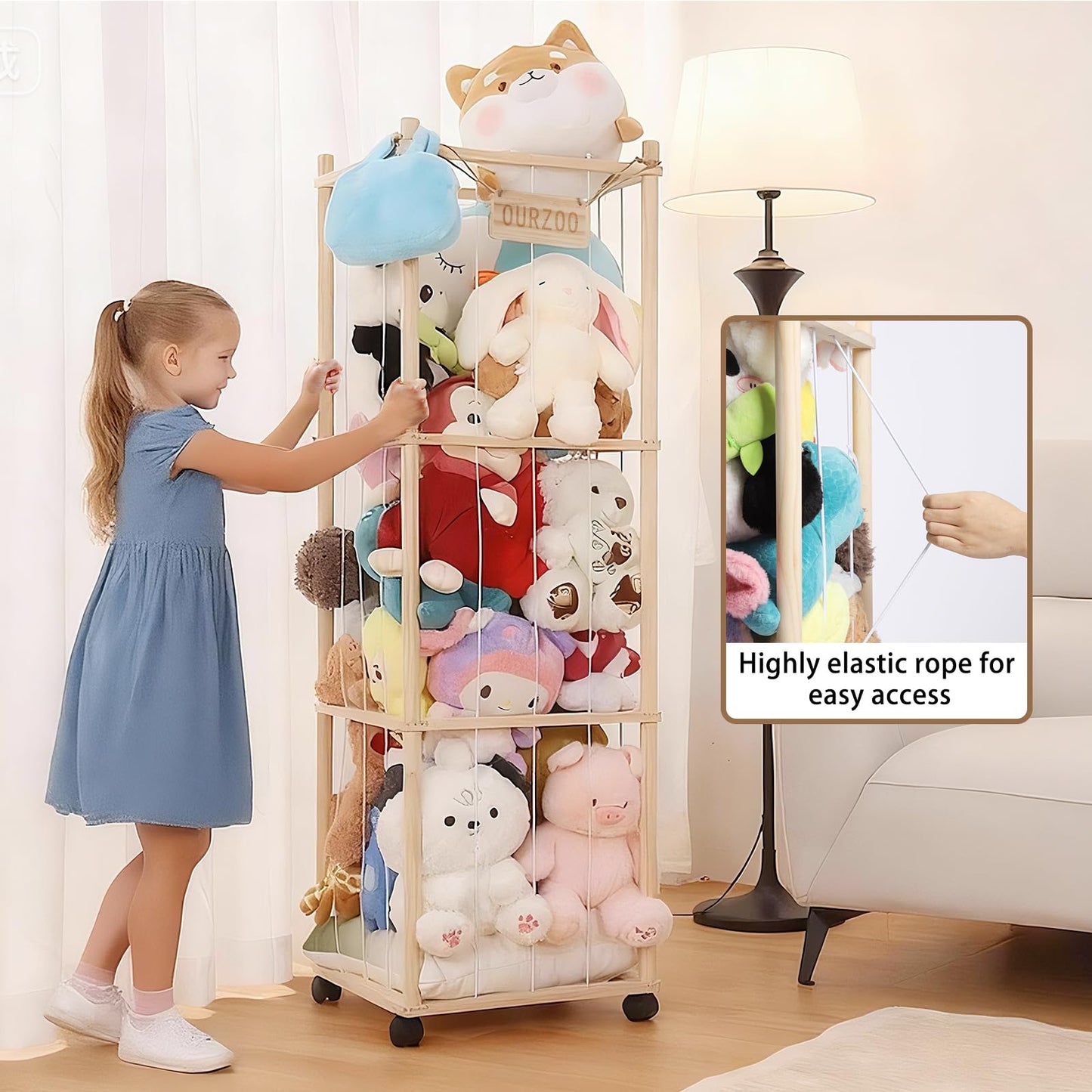 Caleb Stuffed Animal Storage & Organization with Wheels, 54 inch Wooden Stuffed Animal Holder, Cute Zoo Plush Toy Storage Organizer for Toddler Rooms, Playrooms & Bedrooms