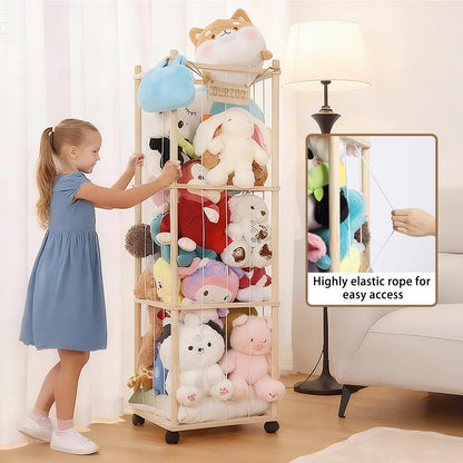 Caleb Stuffed Animal Storage & Organization with Wheels, 54 inch Wooden Stuffed Animal Holder, Cute Zoo Plush Toy Storage Organizer for Toddler Rooms, Playrooms & Bedrooms