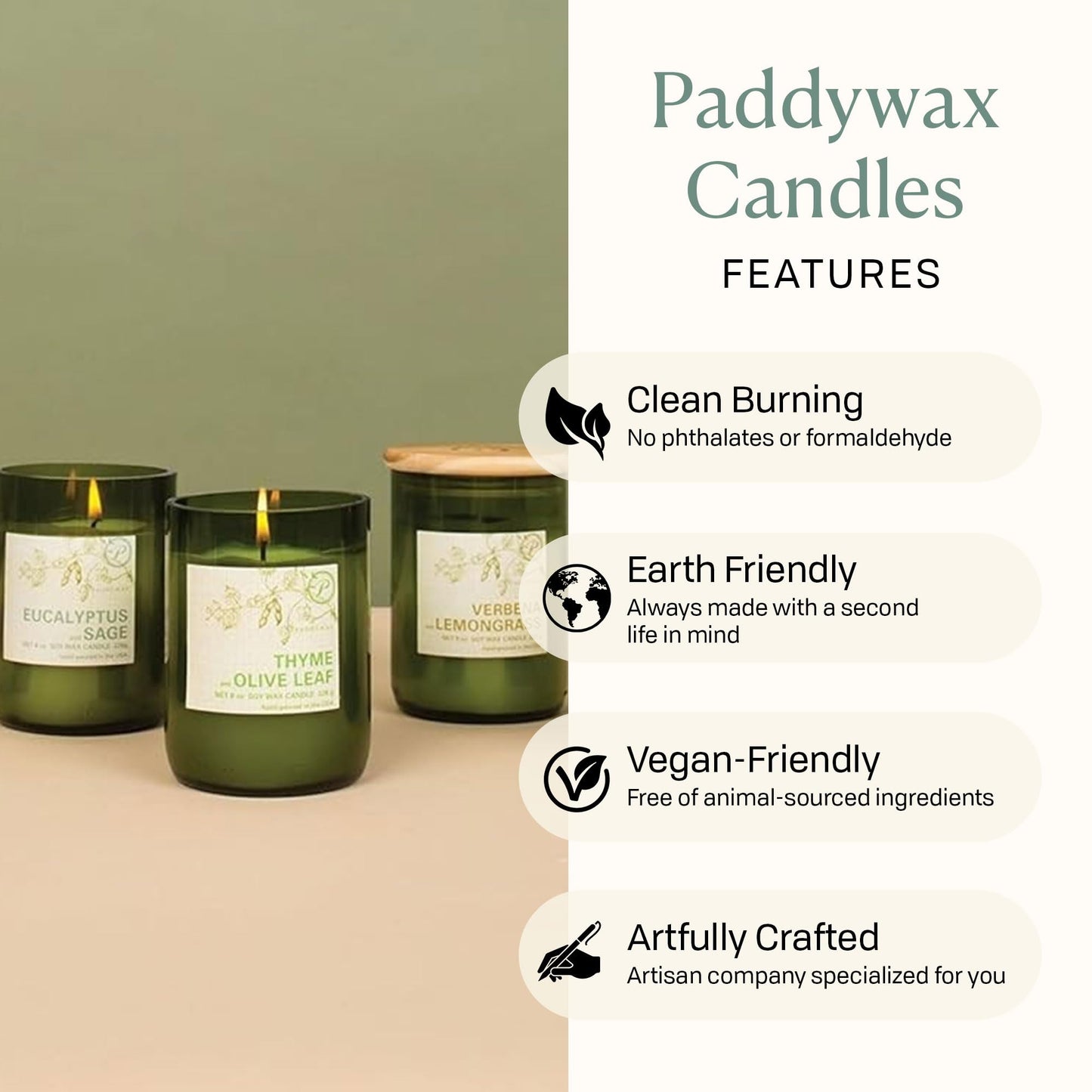 Paddywax Eco Collection Scented Soy Wax Candle in Glass Jar, Verbena & Lemongrass Fragrance, Green Vessel with Wood Lid, 8 oz