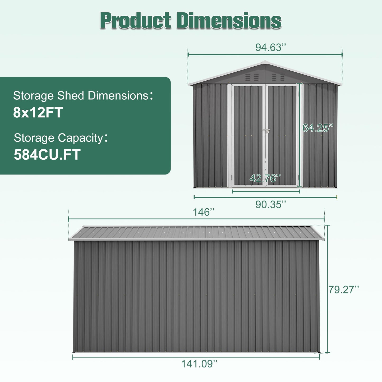 YOPTO 8x12 FT Large Outdoor Storage Shed with Lockable Doors & Floor Base,Weather-Resistant Metal Tool Shed for Garden, Backyard,Patio,Lawn,Gray