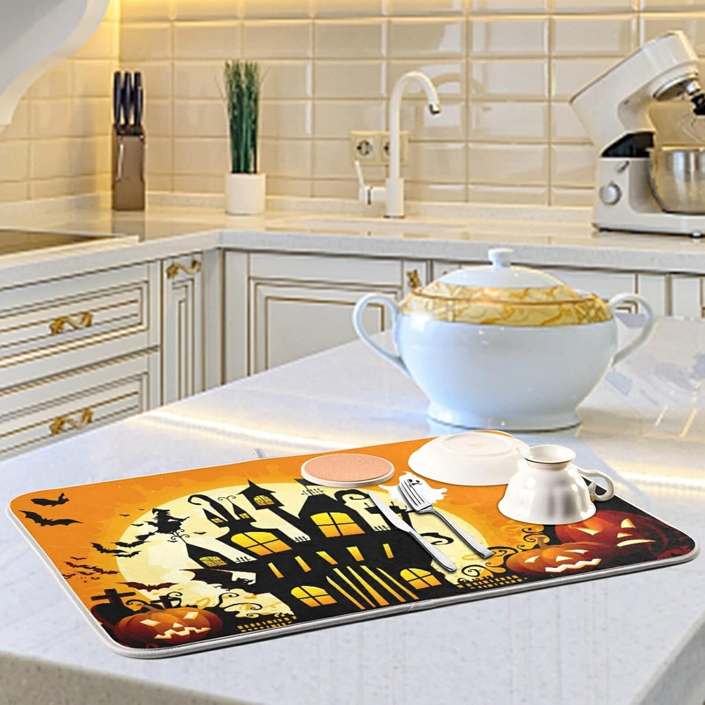 Halloween Dish Drying Mat, 18x24 Inch Scary Ghost on Tree Pumpkin Drying Pad for Kitchen Countertops