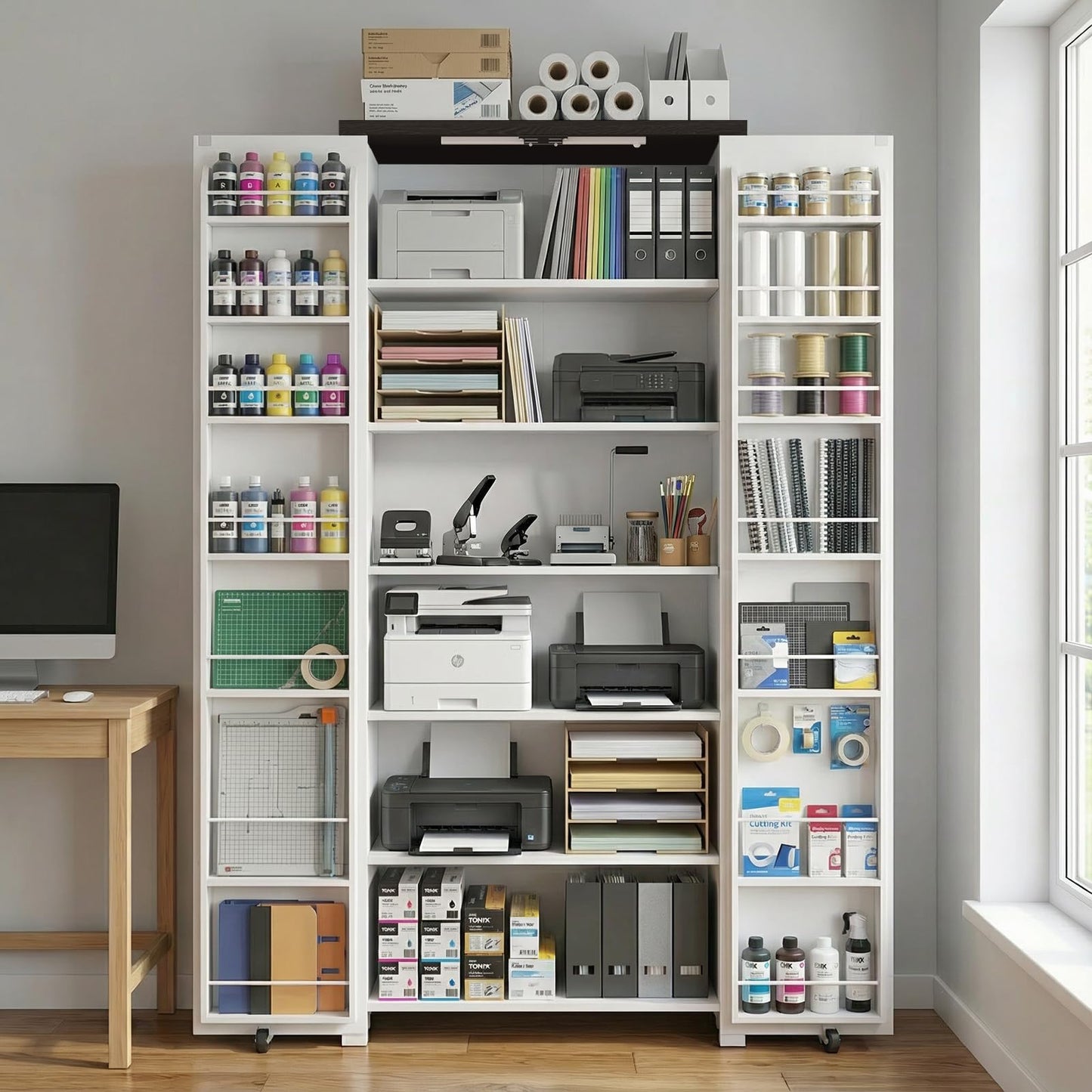 NEWOWNDS Craft Storage Cabinet with LED Lights – 72" Adjustable Shelves Scrapbooking Storage Compatible with Cricut Machine, Multi-Purpose cricut cart Cabinet for Craft Room