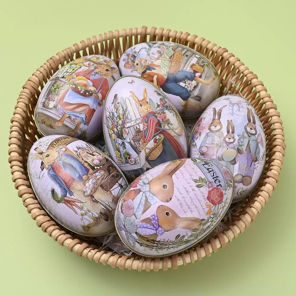 LASIYUAN 4pcs Pieces Painted Eggshell Style tin Box for Easter，Reusable Metal Egg Tins by ，for Easter Parties Decorations Storage Style (4 big)